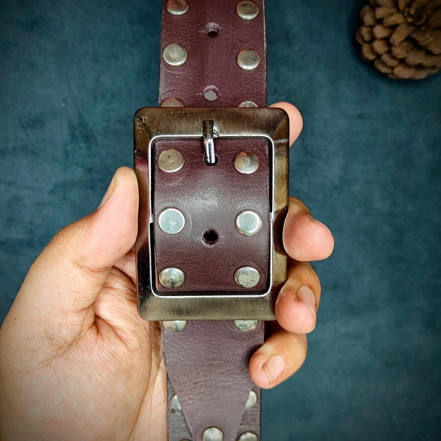 Maroon Leather Studded Belt - Novelty Atelier